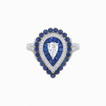 Load image into Gallery viewer, Vintage Inspired Triple Halo Pear - Shaped Ring with Customizable French - Cut and Cabochon Gemstones - Shahin Jewelry