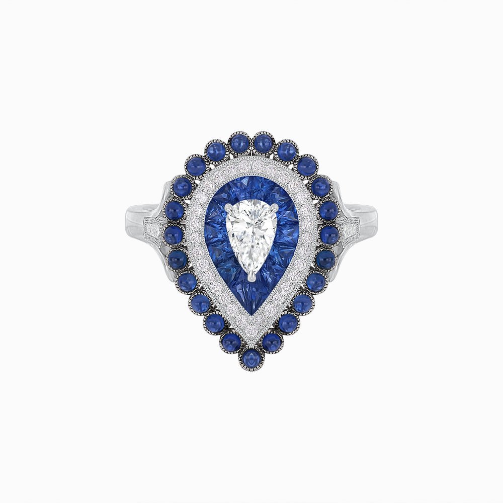 Vintage Inspired Triple Halo Pear - Shaped Ring with Customizable French - Cut and Cabochon Gemstones - Shahin Jewelry