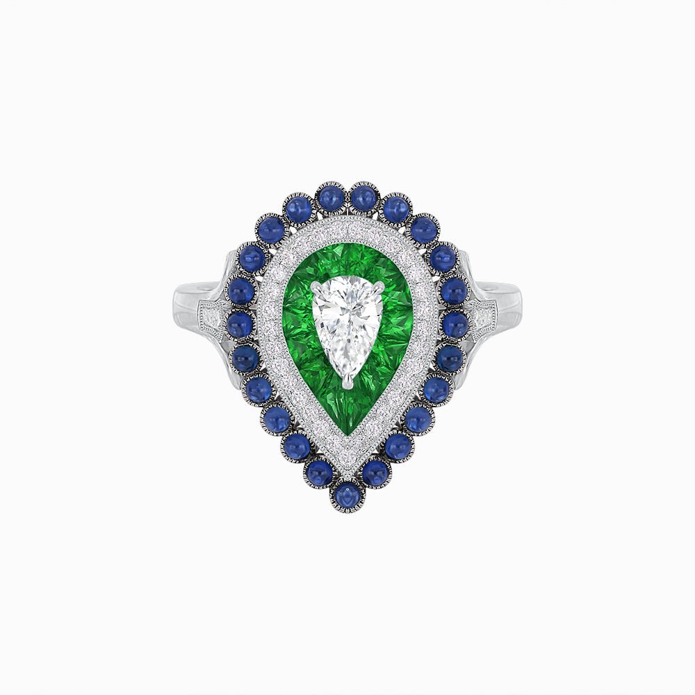 Vintage Inspired Triple Halo Pear - Shaped Ring with Customizable French - Cut and Cabochon Gemstones - Shahin Jewelry