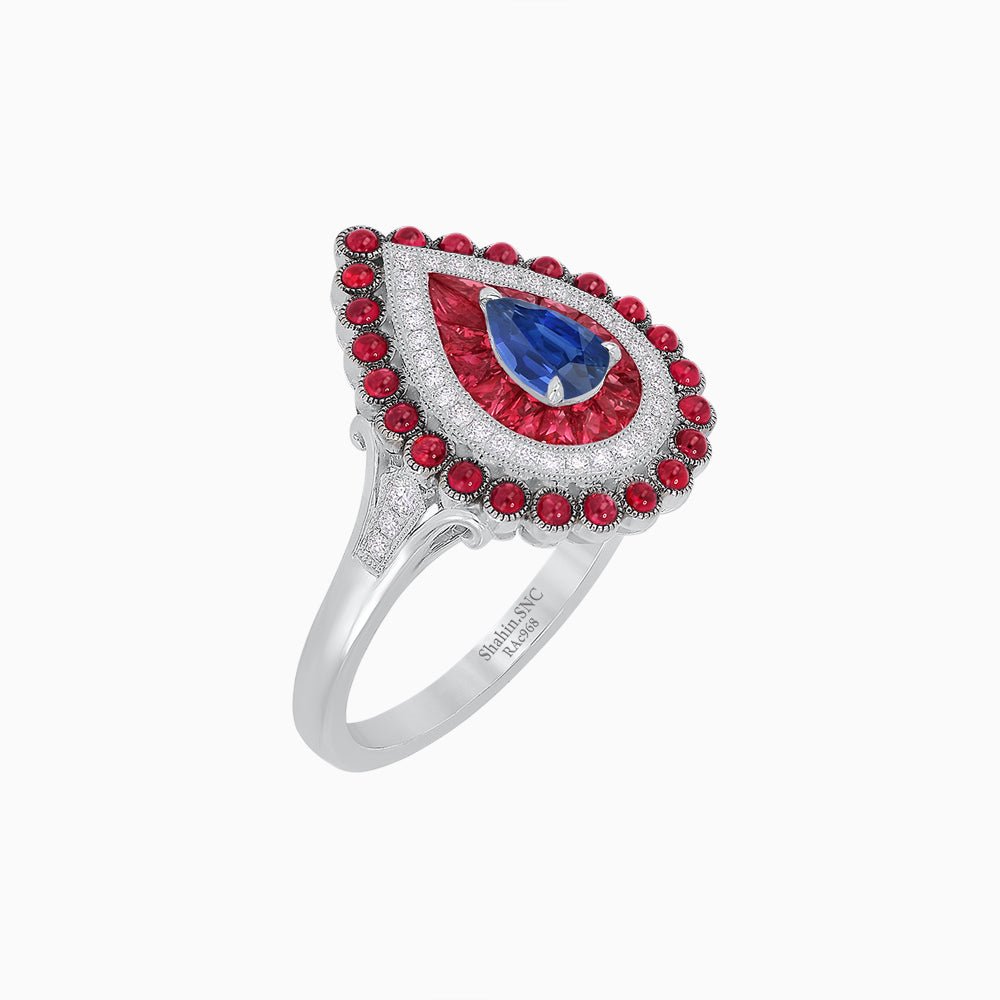 Vintage Inspired Triple Halo Pear-Shaped Ring with Customizable French-Cut and Cabochon Gemstones - Shahin Jewelry