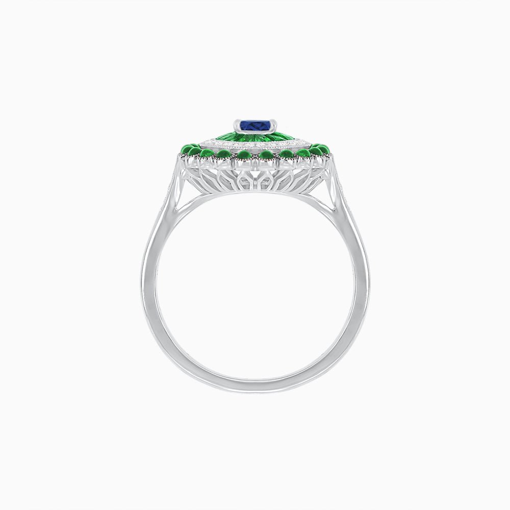 Vintage Inspired Triple Halo Pear-Shaped Ring with Customizable French-Cut and Cabochon Gemstones - Shahin Jewelry