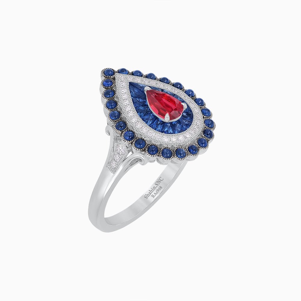 Vintage Inspired Triple Halo Pear-Shaped Ring with Customizable French-Cut and Cabochon Gemstones - Shahin Jewelry
