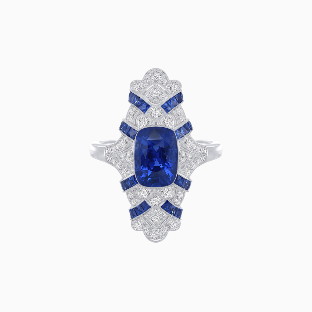 Vintage Style Art Deco Sapphire & Diamond Ring in Platinum - Shahin Jewelry