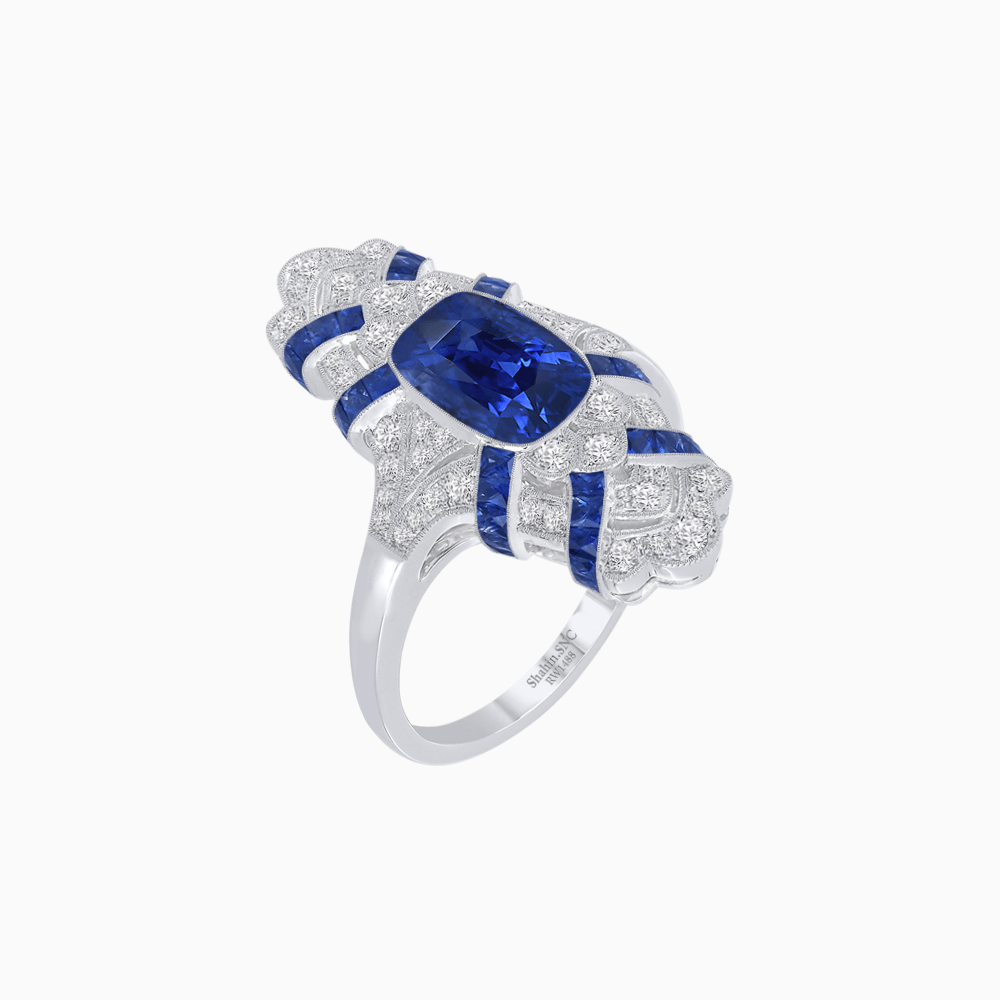 Vintage Style Art Deco Sapphire Ring with Diamonds - Shahin Jewelry