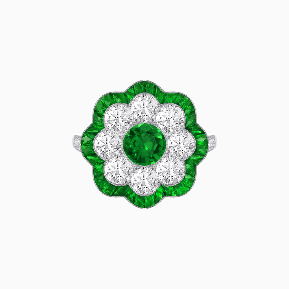 Vintage Style Floral Ring with Round Center Stone, Diamond Halo and French-Cut Gemstone Petals - Shahin Jewelry