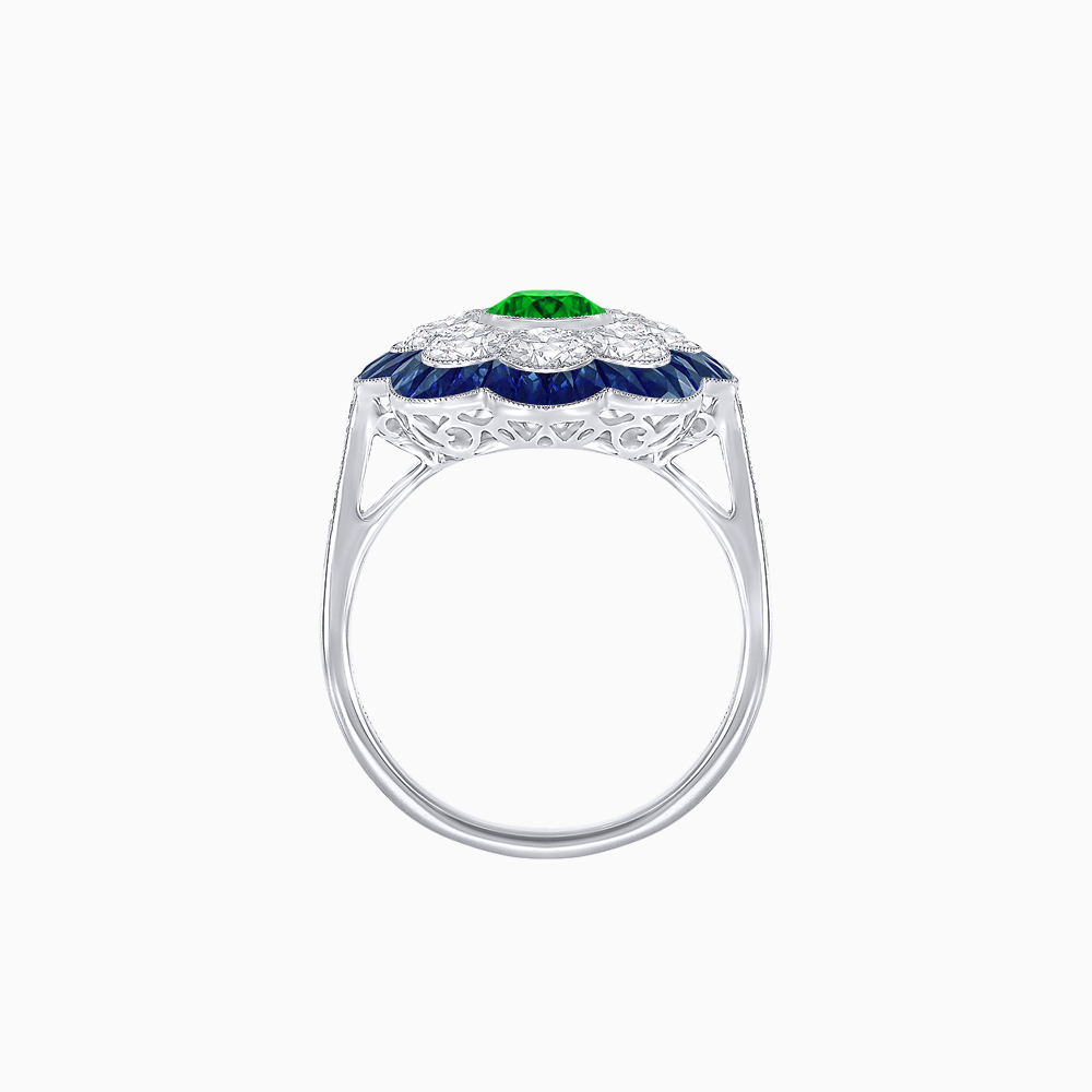 Vintage Style Floral Ring with Round Center Stone, Diamond Halo and French-Cut Gemstone Petals - Shahin Jewelry