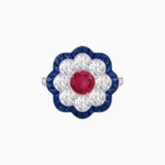 Load image into Gallery viewer, Vintage Style Floral Ring with Round Center Stone, Diamond Halo and French-Cut Gemstone Petals - Shahin Jewelry