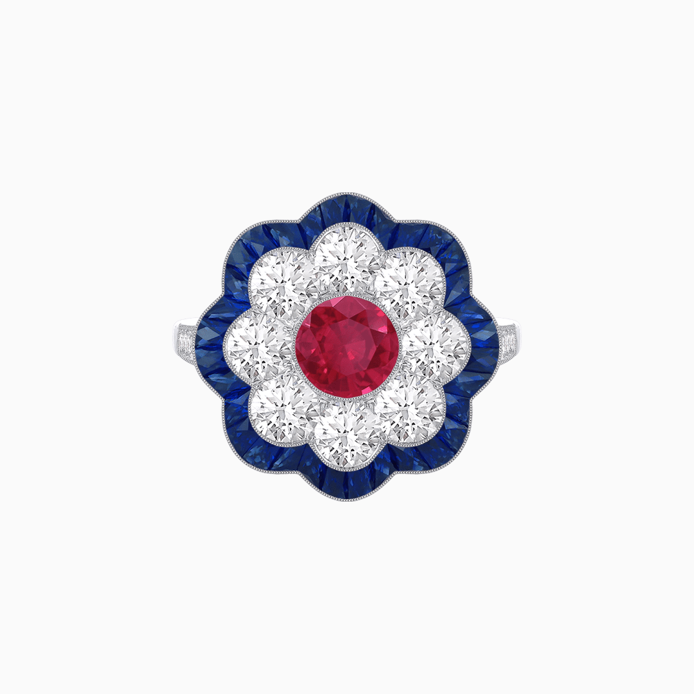 Vintage Style Floral Ring with Round Center Stone, Diamond Halo and French-Cut Gemstone Petals - Shahin Jewelry