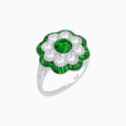 Vintage Style Floral Ring with Round Center Stone, Diamond Halo and French-Cut Gemstone Petals - Shahin Jewelry