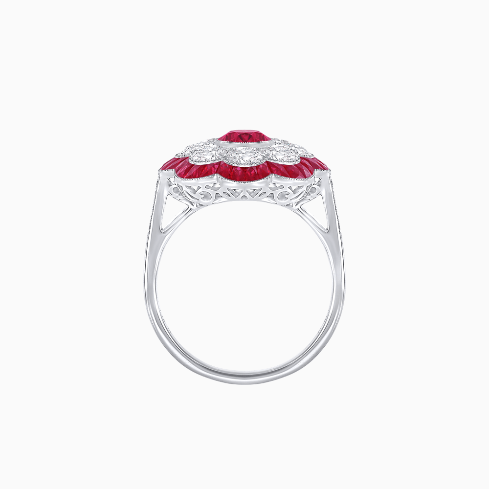 Vintage Style Floral Ring with Round Center Stone, Diamond Halo and French-Cut Gemstone Petals - Shahin Jewelry