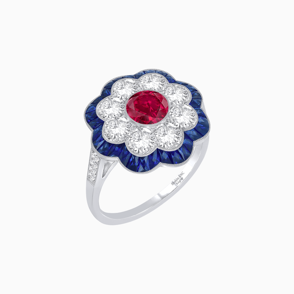 Vintage Style Floral Ring with Round Center Stone, Diamond Halo and French-Cut Gemstone Petals - Shahin Jewelry