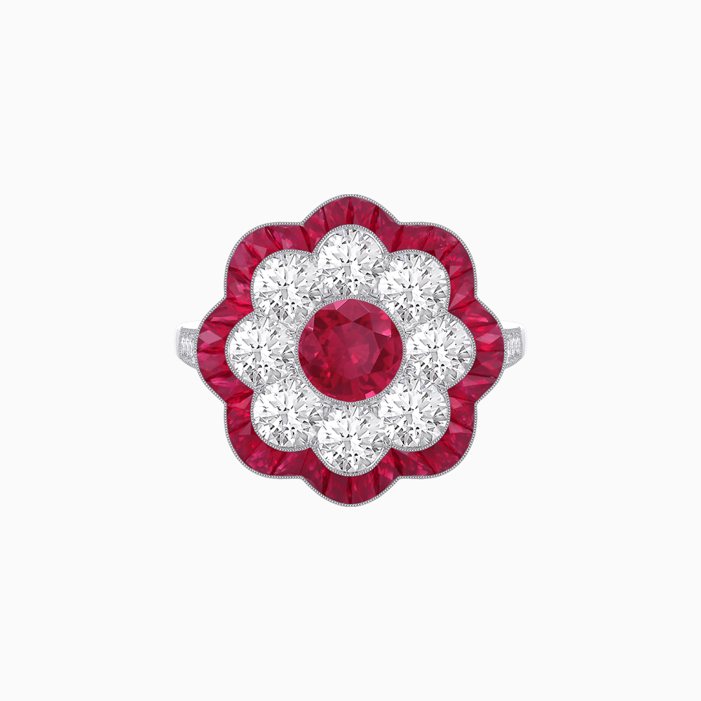 Vintage Style Floral Ring with Round Center Stone, Diamond Halo and French-Cut Gemstone Petals - Shahin Jewelry