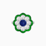 Load image into Gallery viewer, Vintage Style Floral Ring with Round Center Stone, Diamond Halo and French-Cut Gemstone Petals - Shahin Jewelry