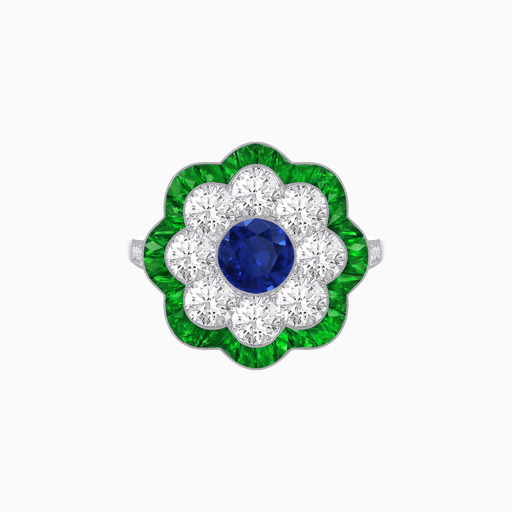 Vintage Style Floral Ring with Round Center Stone, Diamond Halo and French-Cut Gemstone Petals - Shahin Jewelry