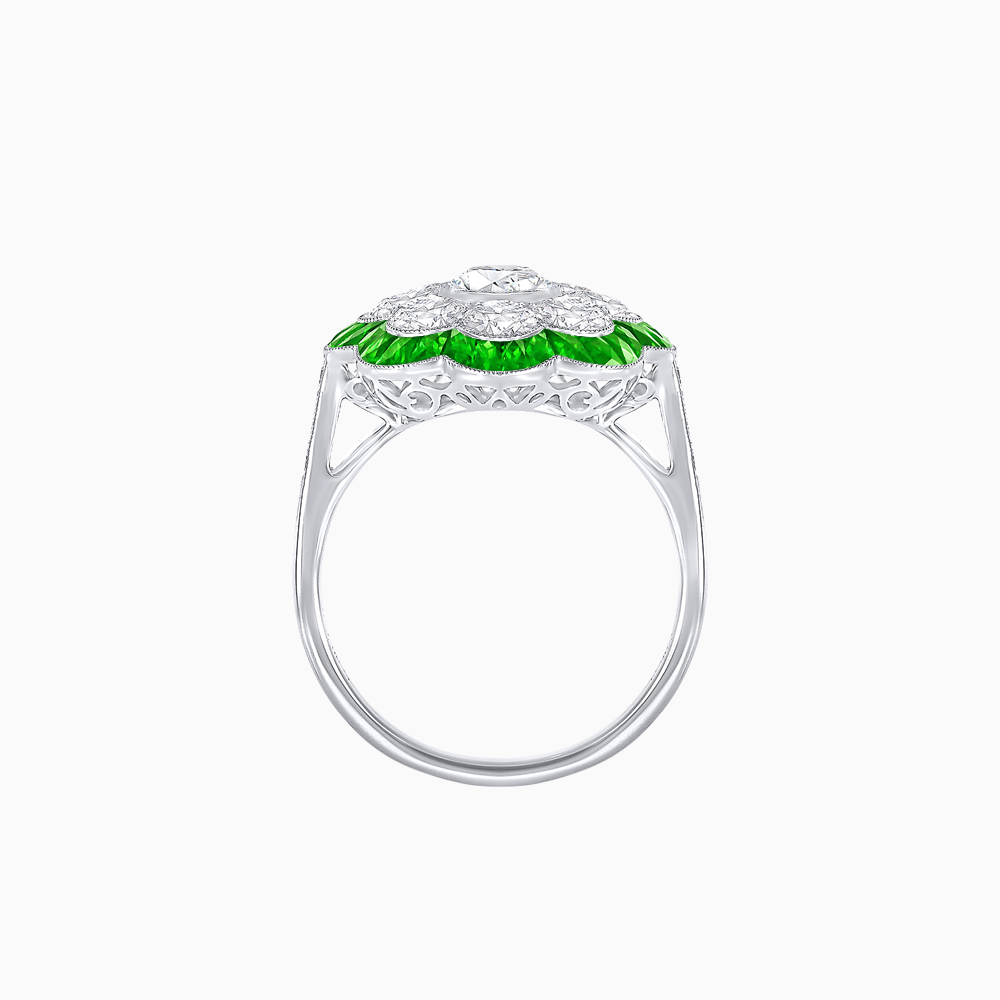 Vintage Style Floral Ring with Round Center Stone, Diamond Halo and French-Cut Gemstone Petals - Shahin Jewelry