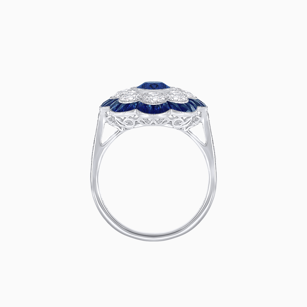 Vintage Style Floral Ring with Round Center Stone, Diamond Halo and French-Cut Gemstone Petals - Shahin Jewelry