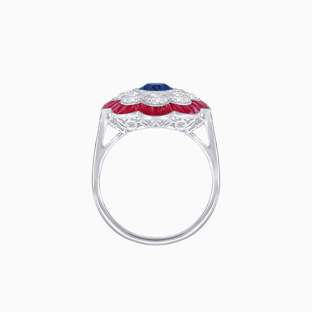 Vintage Style Floral Ring with Round Center Stone, Diamond Halo and French-Cut Gemstone Petals - Shahin Jewelry