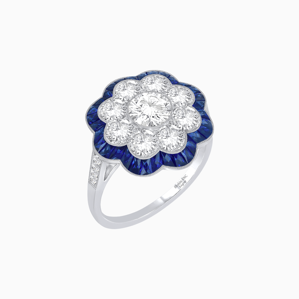 Vintage Style Floral Ring with Round Center Stone, Diamond Halo and French-Cut Gemstone Petals - Shahin Jewelry
