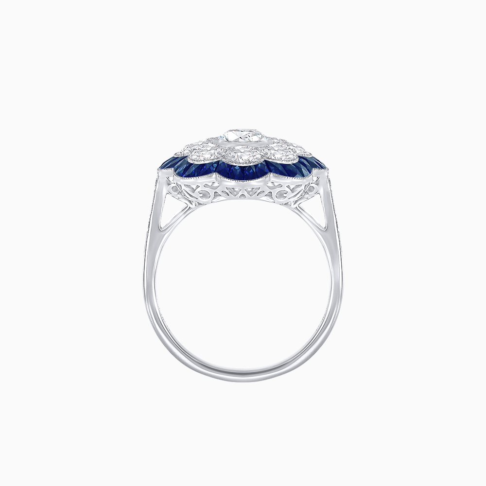 Vintage Style Floral Ring with Round Center Stone, Diamond Halo and French-Cut Gemstone Petals - Shahin Jewelry