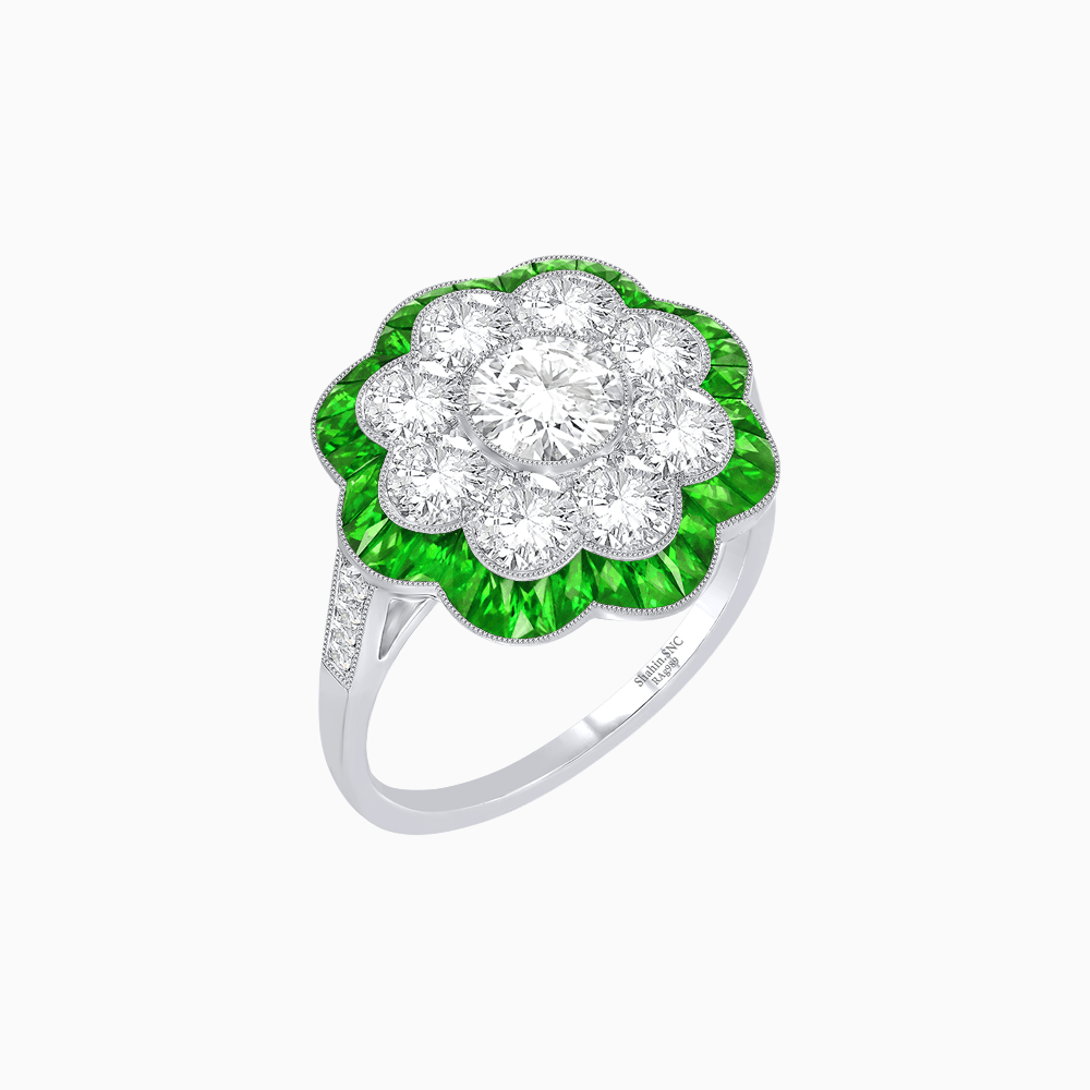 Vintage Style Floral Ring with Round Center Stone, Diamond Halo and French-Cut Gemstone Petals - Shahin Jewelry