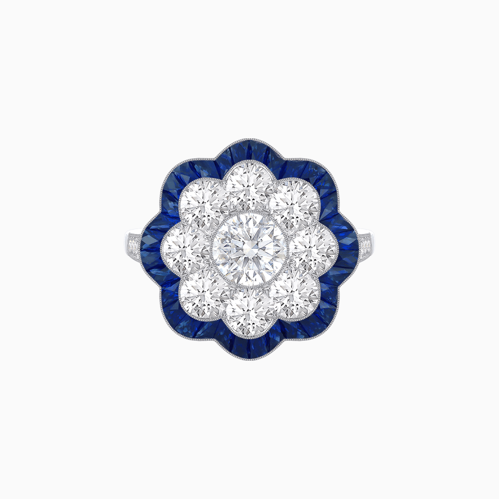 Vintage Style Floral Ring with Round Center Stone, Diamond Halo and French-Cut Gemstone Petals - Shahin Jewelry