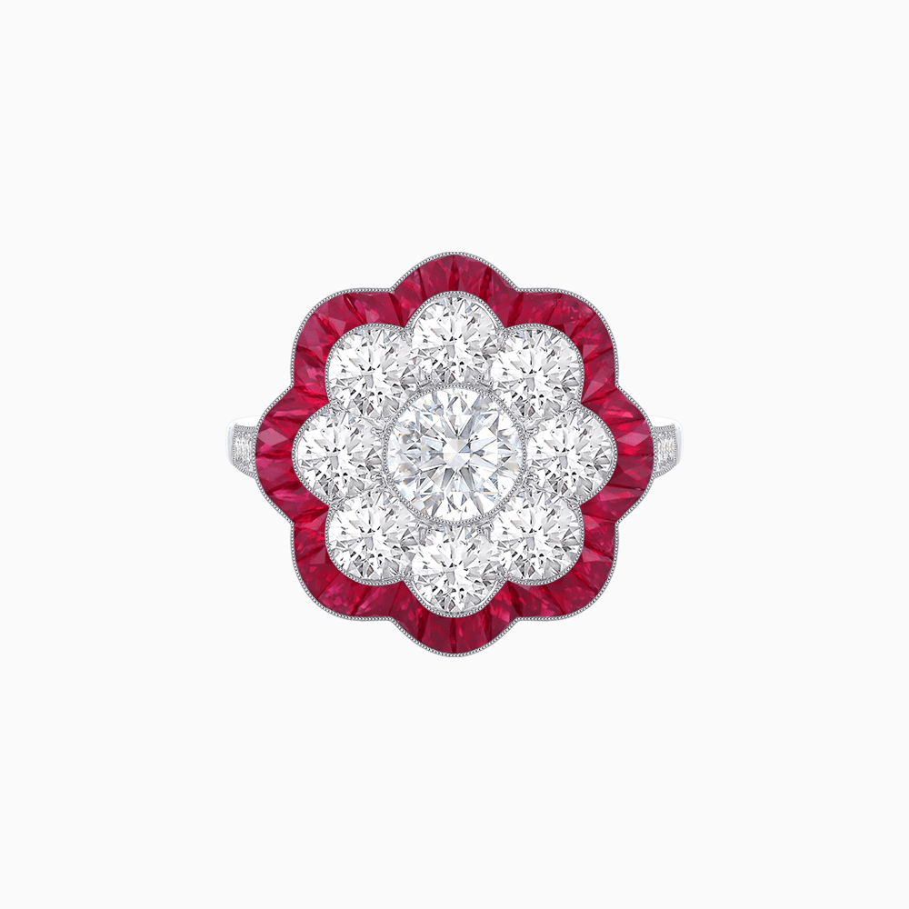Vintage Style Floral Ring with Round Center Stone, Diamond Halo and French-Cut Gemstone Petals - Shahin Jewelry