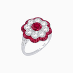 Load image into Gallery viewer, Vintage Style Floral Ring with Round Center Stone, Diamond Halo and French-Cut Gemstone Petals - Shahin Jewelry