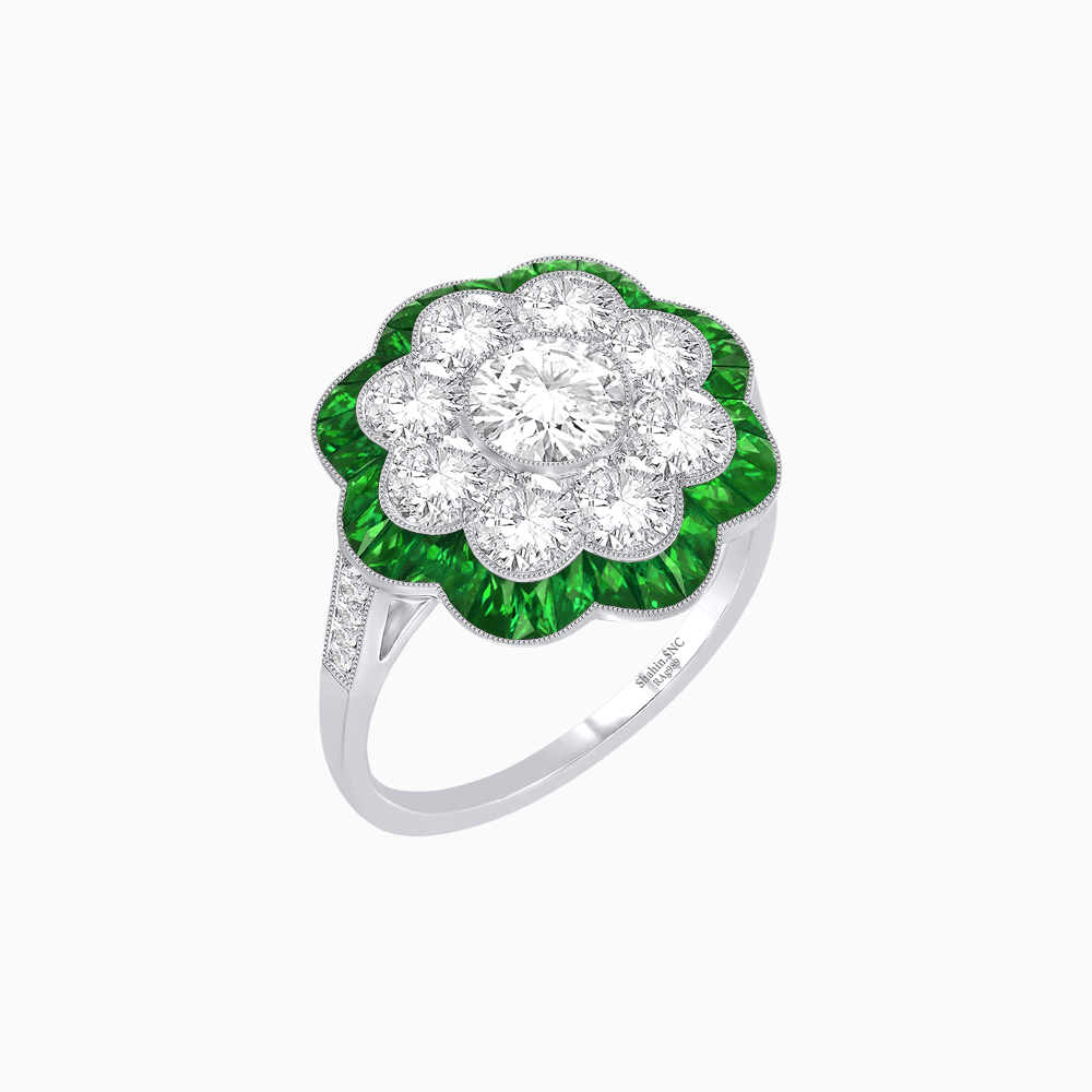 Vintage Style Floral Ring with Round Center Stone, Diamond Halo and French-Cut Gemstone Petals - Shahin Jewelry