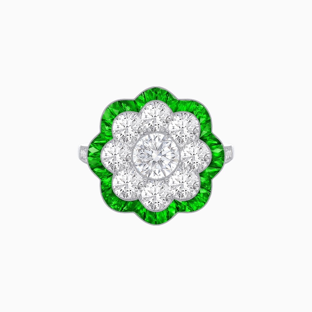 Vintage Style Floral Ring with Round Center Stone, Diamond Halo and French-Cut Gemstone Petals - Shahin Jewelry