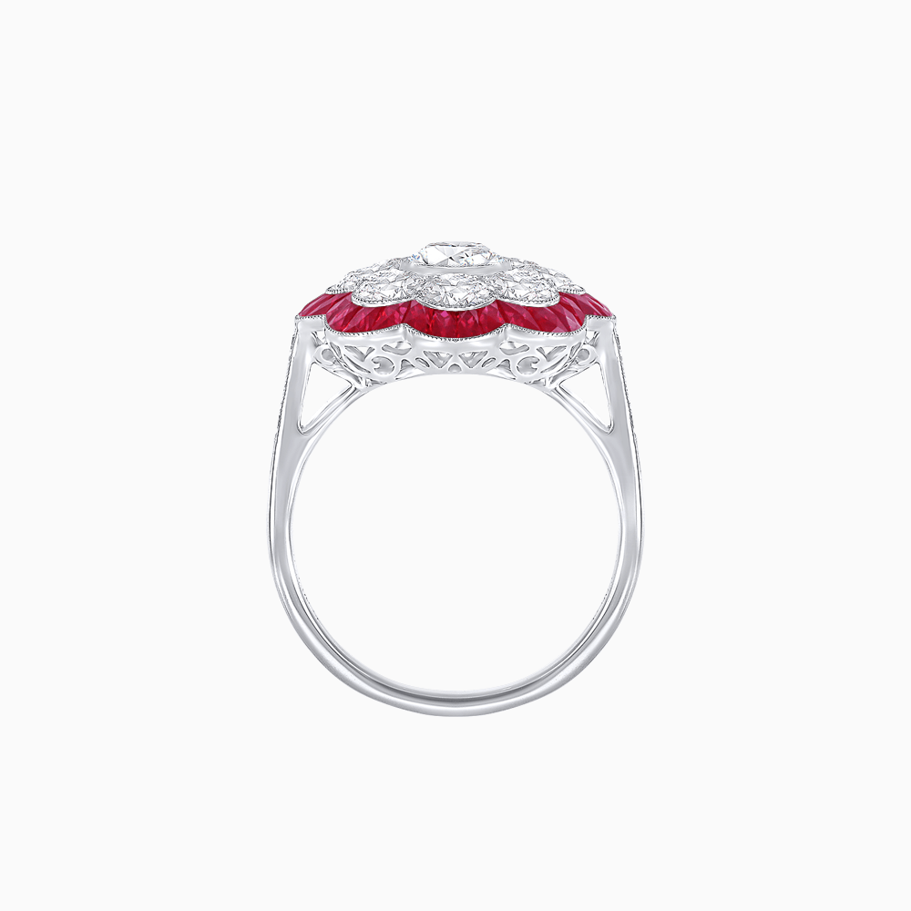 Vintage Style Floral Ring with Round Center Stone, Diamond Halo and French-Cut Gemstone Petals - Shahin Jewelry