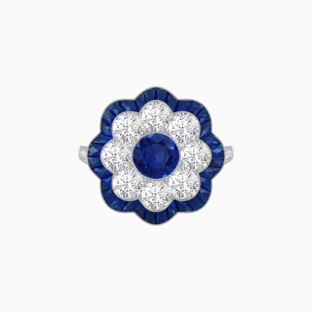 Vintage Style Floral Ring with Round Center Stone, Diamond Halo and French-Cut Gemstone Petals - Shahin Jewelry