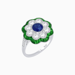 Load image into Gallery viewer, Vintage Style Floral Ring with Round Center Stone, Diamond Halo and French-Cut Gemstone Petals - Shahin Jewelry