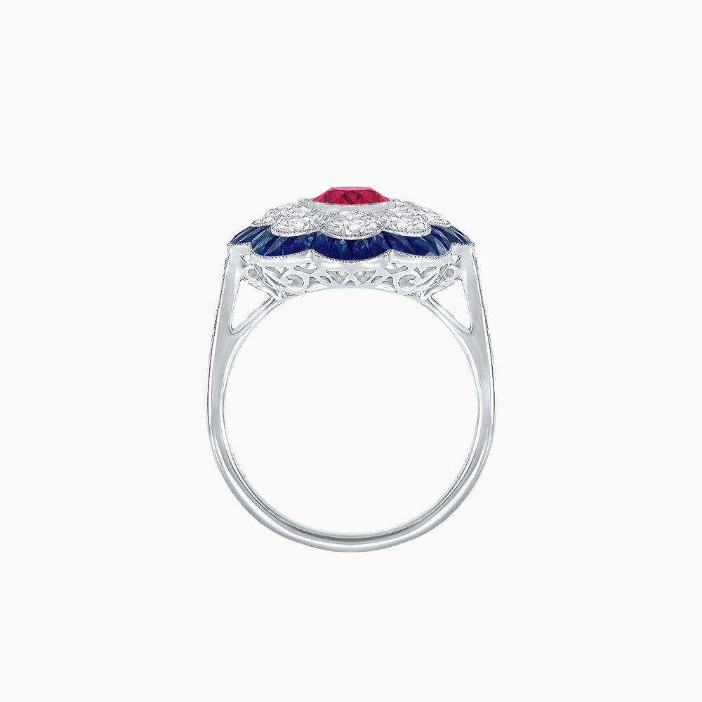 Vintage Style Floral Ring with Round Center Stone, Diamond Halo and French-Cut Gemstone Petals - Shahin Jewelry