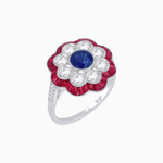 Load image into Gallery viewer, Vintage Style Floral Ring with Round Center Stone, Diamond Halo and French-Cut Gemstone Petals - Shahin Jewelry
