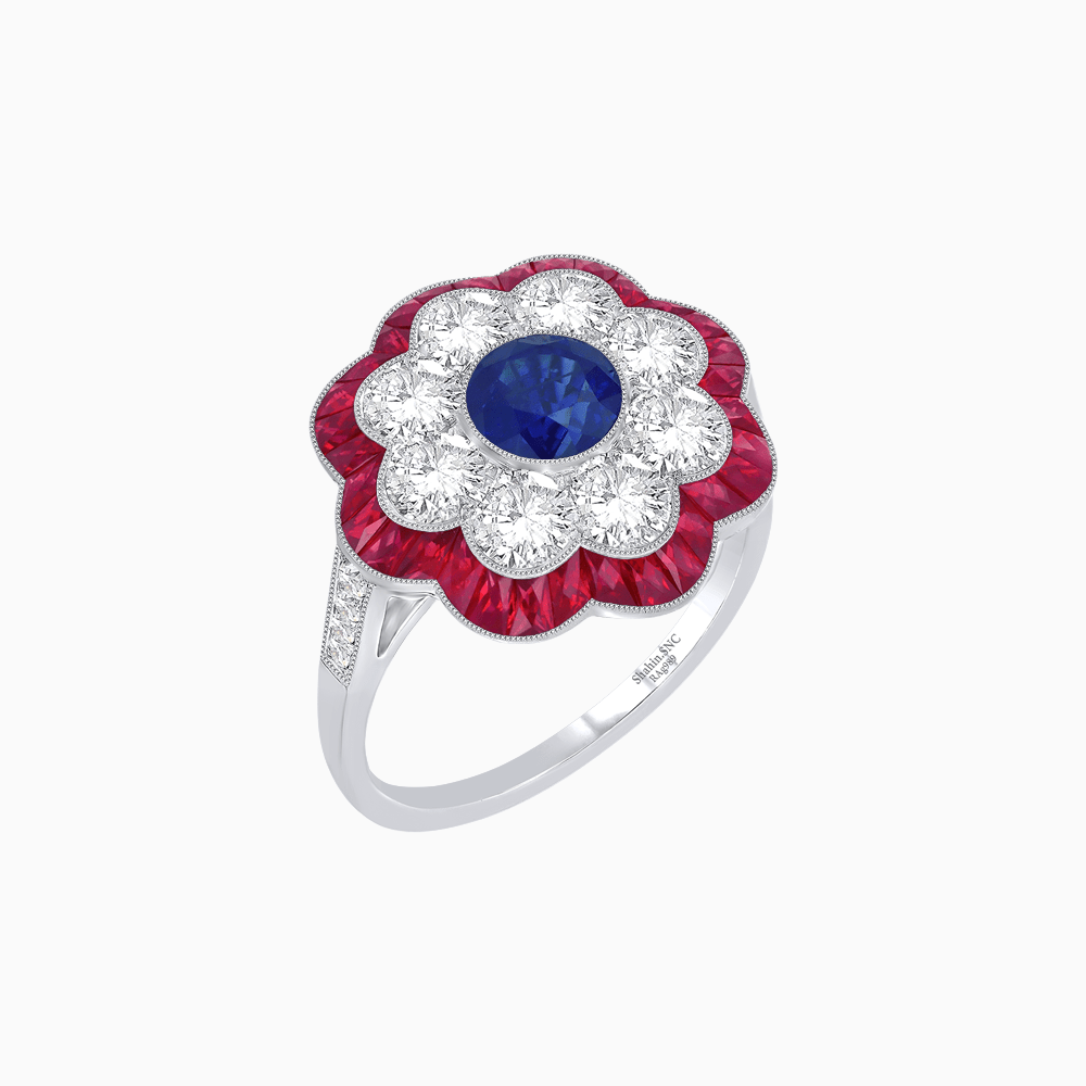 Vintage Style Floral Ring with Round Center Stone, Diamond Halo and French-Cut Gemstone Petals - Shahin Jewelry