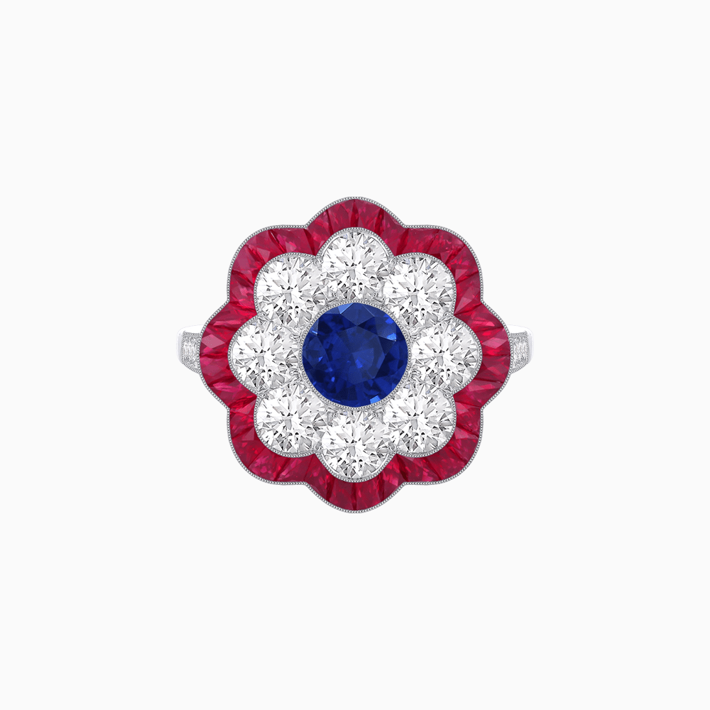 Vintage Style Floral Ring with Round Center Stone, Diamond Halo and French-Cut Gemstone Petals - Shahin Jewelry