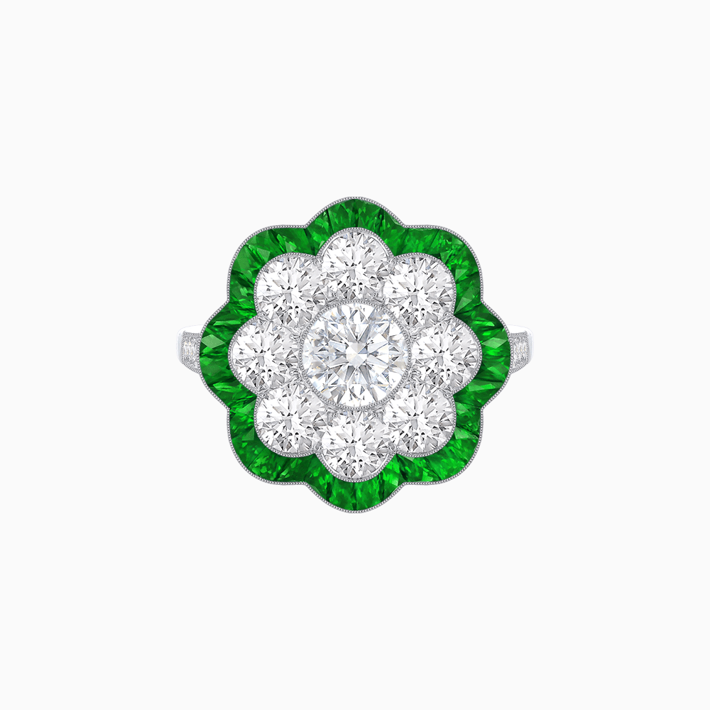 Vintage Style Floral Ring with Round Center Stone, Diamond Halo and French-Cut Gemstone Petals - Shahin Jewelry