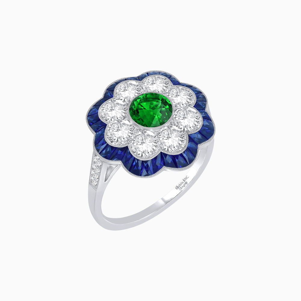 Vintage Style Floral Ring with Round Center Stone, Diamond Halo and French-Cut Gemstone Petals - Shahin Jewelry