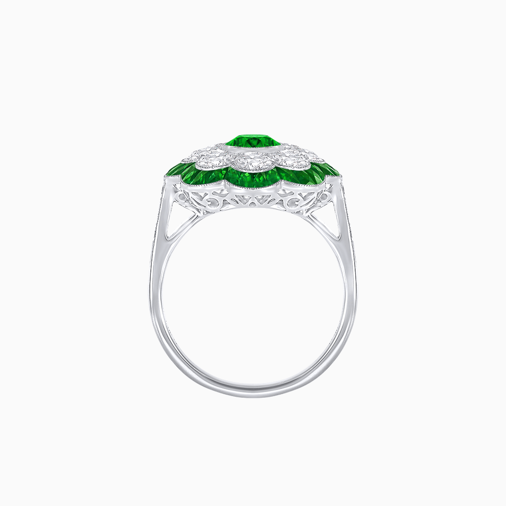 Vintage Style Floral Ring with Round Center Stone, Diamond Halo and French-Cut Gemstone Petals - Shahin Jewelry