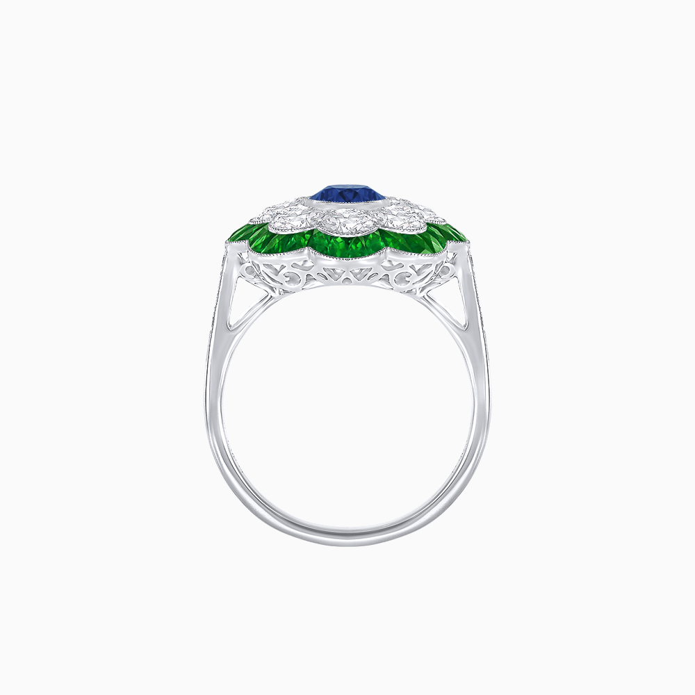 Vintage Style Floral Ring with Round Center Stone, Diamond Halo and French-Cut Gemstone Petals - Shahin Jewelry