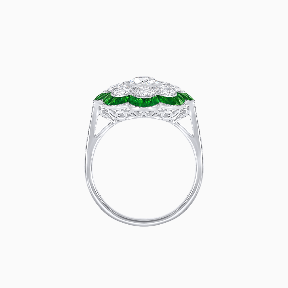 Vintage Style Floral Ring with Round Center Stone, Diamond Halo and French-Cut Gemstone Petals - Shahin Jewelry
