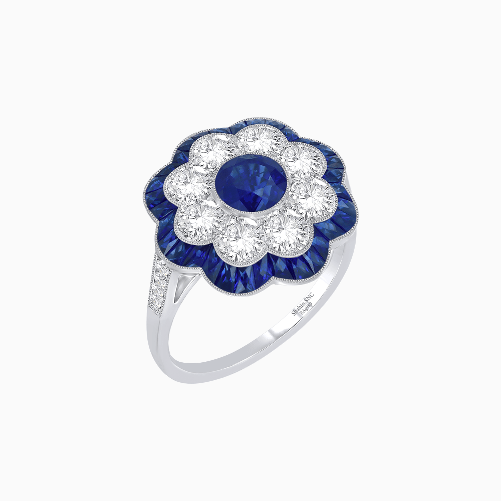 Vintage Style Floral Ring with Round Center Stone, Diamond Halo and French-Cut Gemstone Petals - Shahin Jewelry