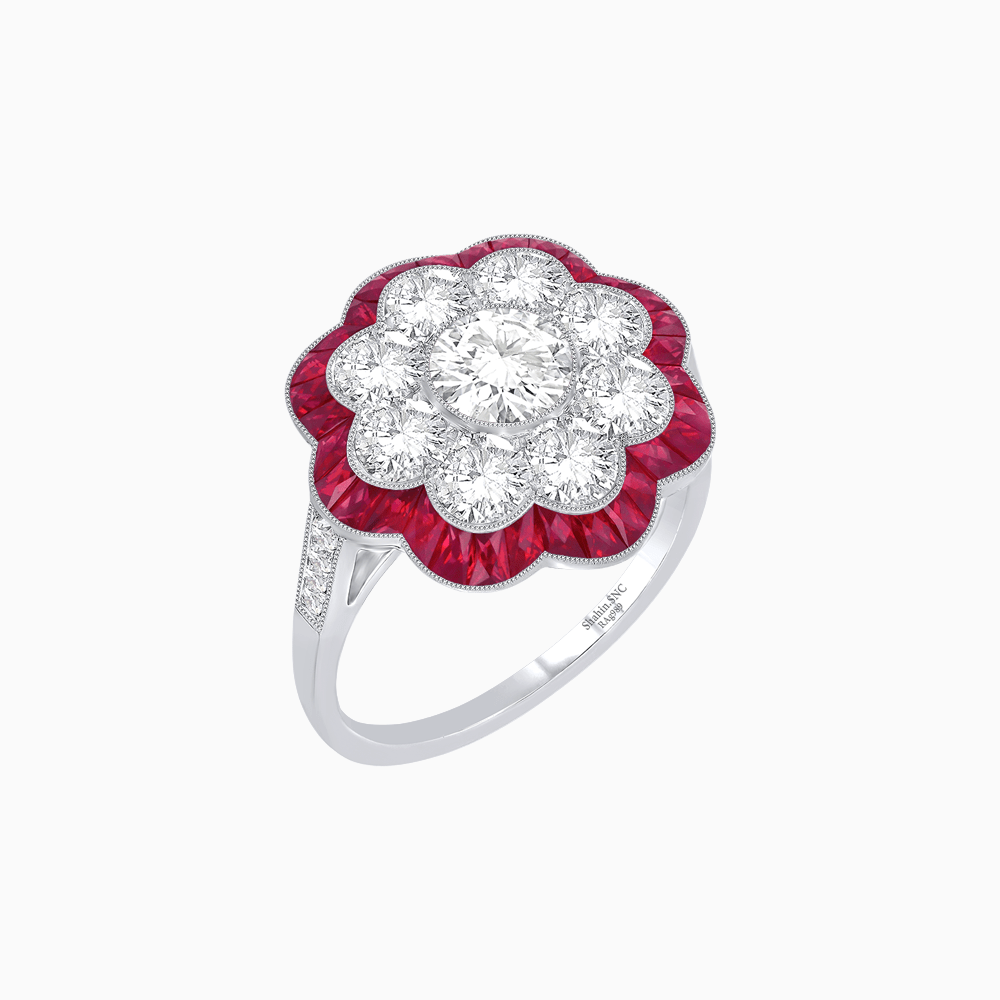 Vintage Style Floral Ring with Round Center Stone, Diamond Halo and French-Cut Gemstone Petals - Shahin Jewelry