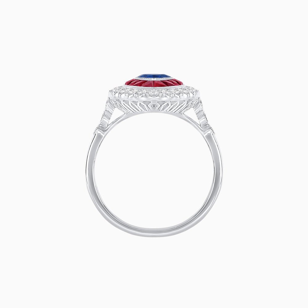 Vintage Style Marquise Ring with French-Cut Gemstone Halo and Scalloped Diamond Border - Shahin Jewelry