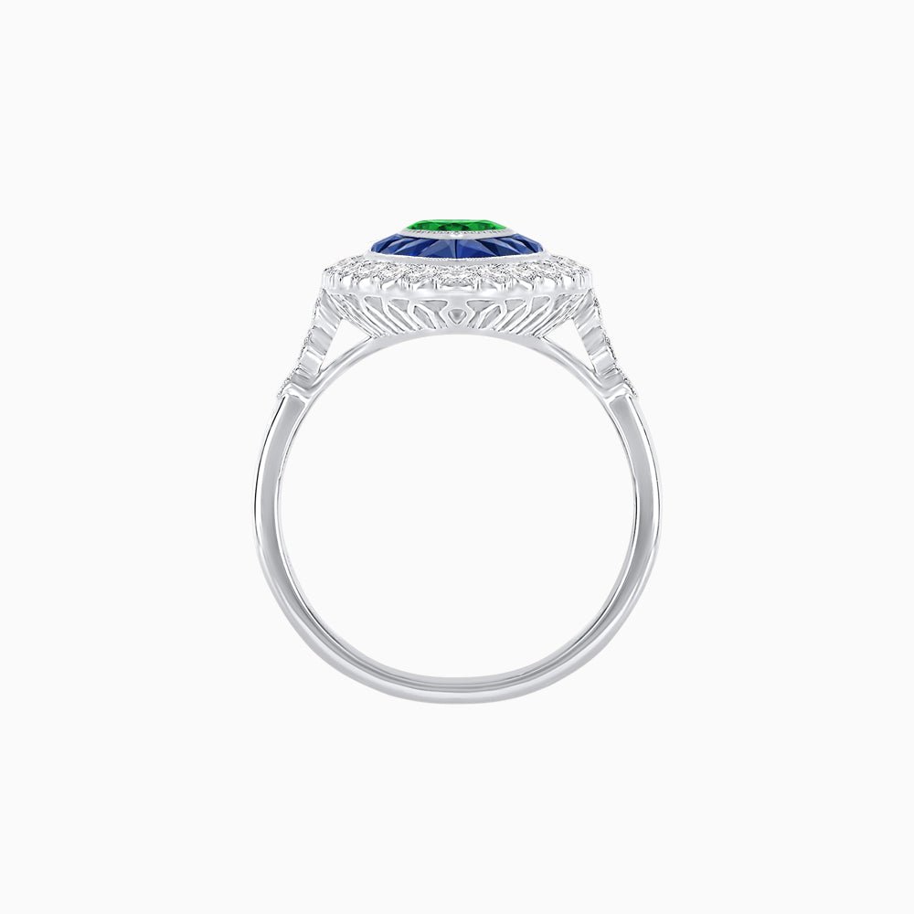 Vintage Style Marquise Ring with French-Cut Gemstone Halo and Scalloped Diamond Border - Shahin Jewelry