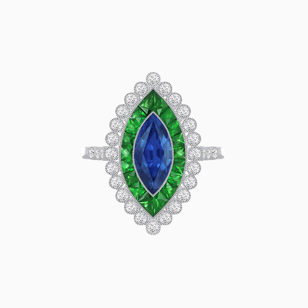 Vintage Style Marquise Ring with French-Cut Gemstone Halo and Scalloped Diamond Border - Shahin Jewelry