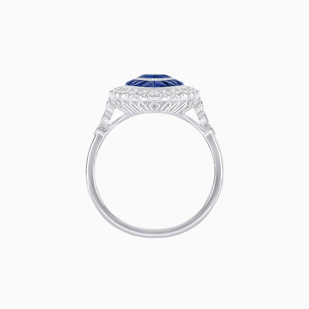 Vintage Style Marquise Ring with French-Cut Gemstone Halo and Scalloped Diamond Border - Shahin Jewelry