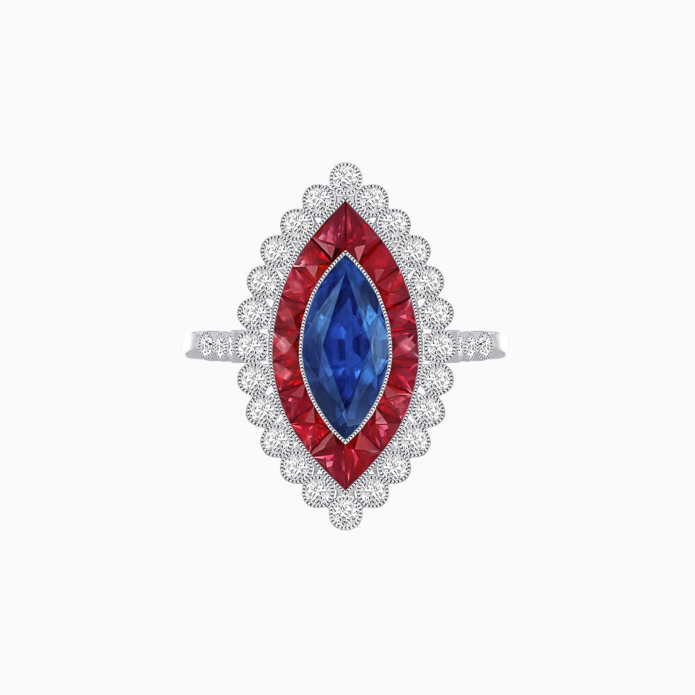 Vintage Style Marquise Ring with French-Cut Gemstone Halo and Scalloped Diamond Border - Shahin Jewelry