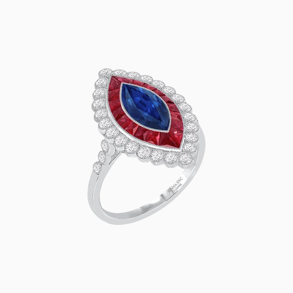 Vintage Style Marquise Ring with French-Cut Gemstone Halo and Scalloped Diamond Border - Shahin Jewelry