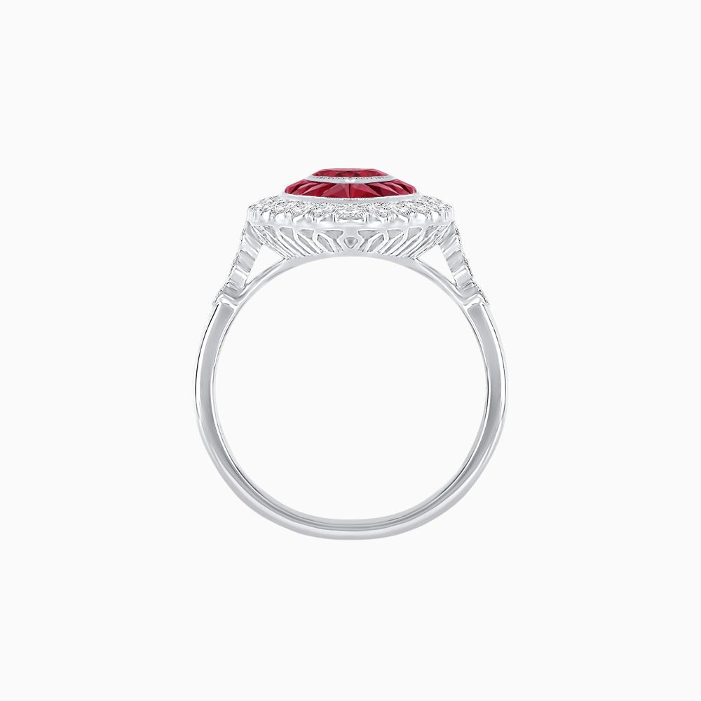Vintage Style Marquise Ring with French-Cut Gemstone Halo and Scalloped Diamond Border - Shahin Jewelry